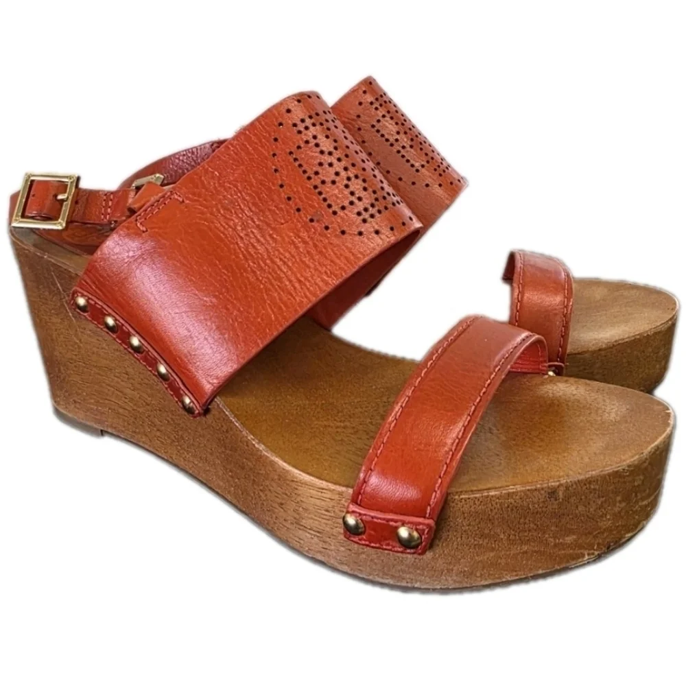 Tory Burch Womens Orange Gold  Leather Wooden Wedge Sandals Size 9 Boho TN Vols - Picture 11 of 13
